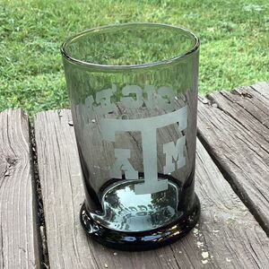 Vintage 1970s Texas A&M Aggies Smoky Glass Tumbler Etched Gig 'Em Barware